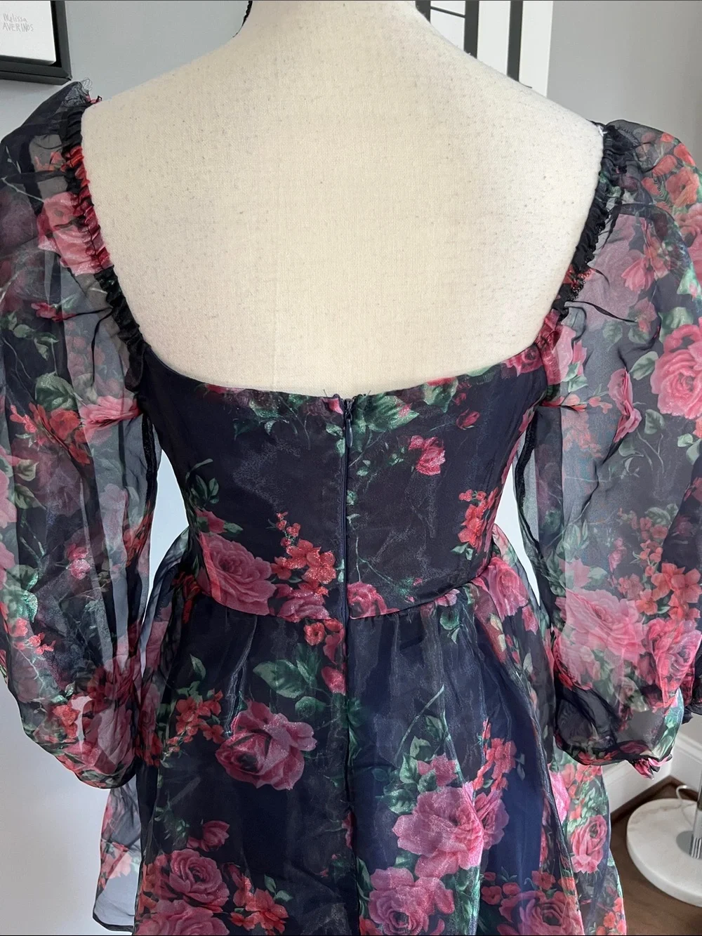 Lulus Sweetly Flirty Navy Blue Floral Organza Puff Sleeve Mini Dress - Picture 5 of 9